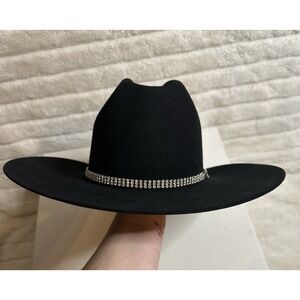 Llano Pinto Ranch Black Felt Hat 10X Size 7 W/Clear Rhinestone Hat Band